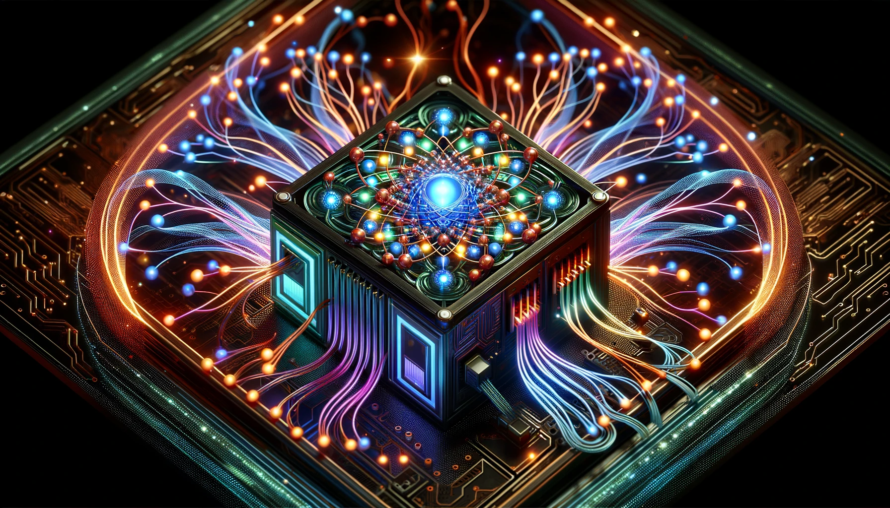 Representação abstrata da tecnologia quântica com um computador quântico estilizado e redes neurais, destacando a integração com o aprendizado de máquina.