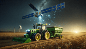 John Deere SpaceX: Maquinário agrícola moderno conectado via satélite em um campo aberto, simbolizando inovação na agricultura digital.
