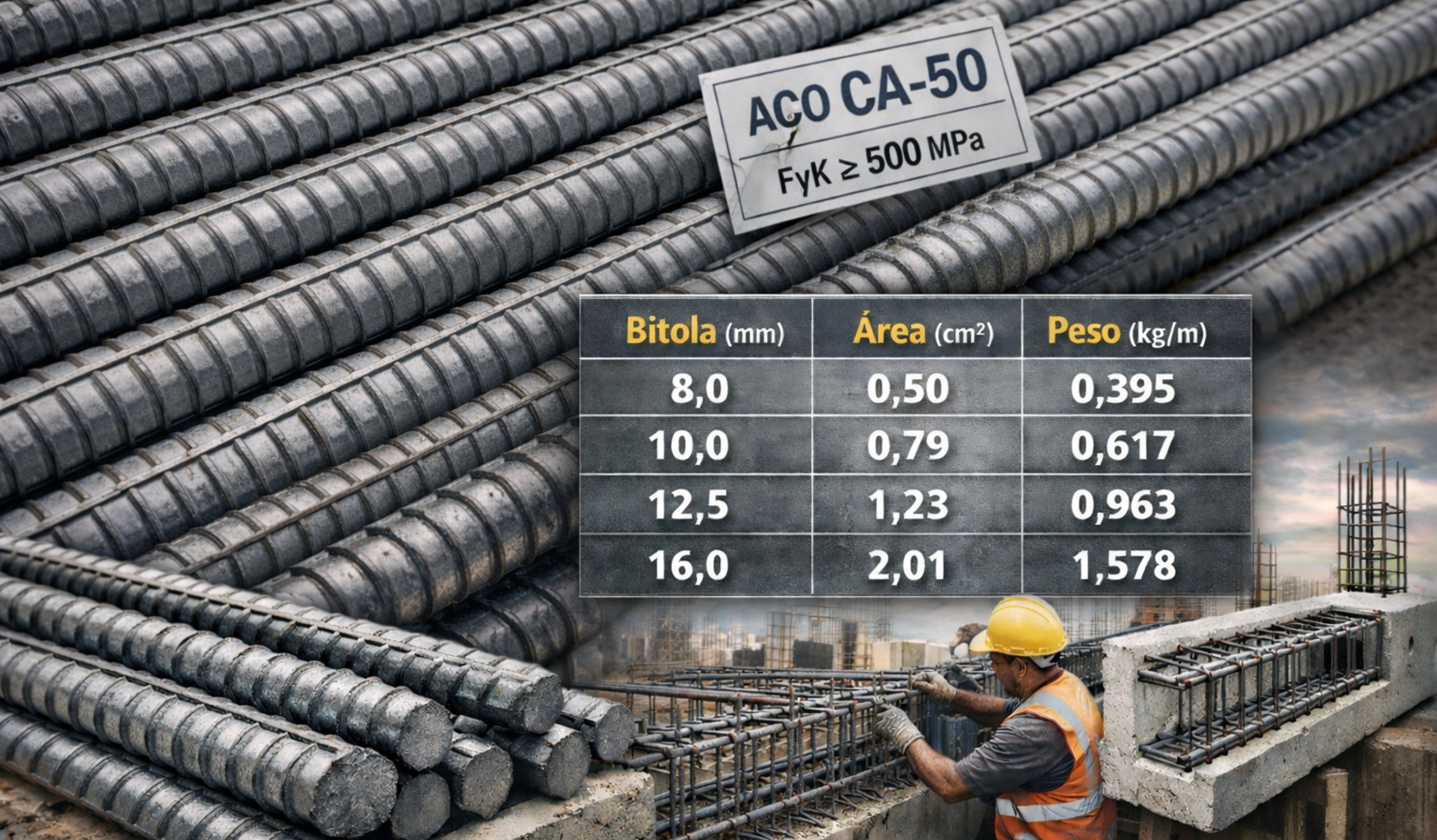 Reforço aço CA-50 em construção